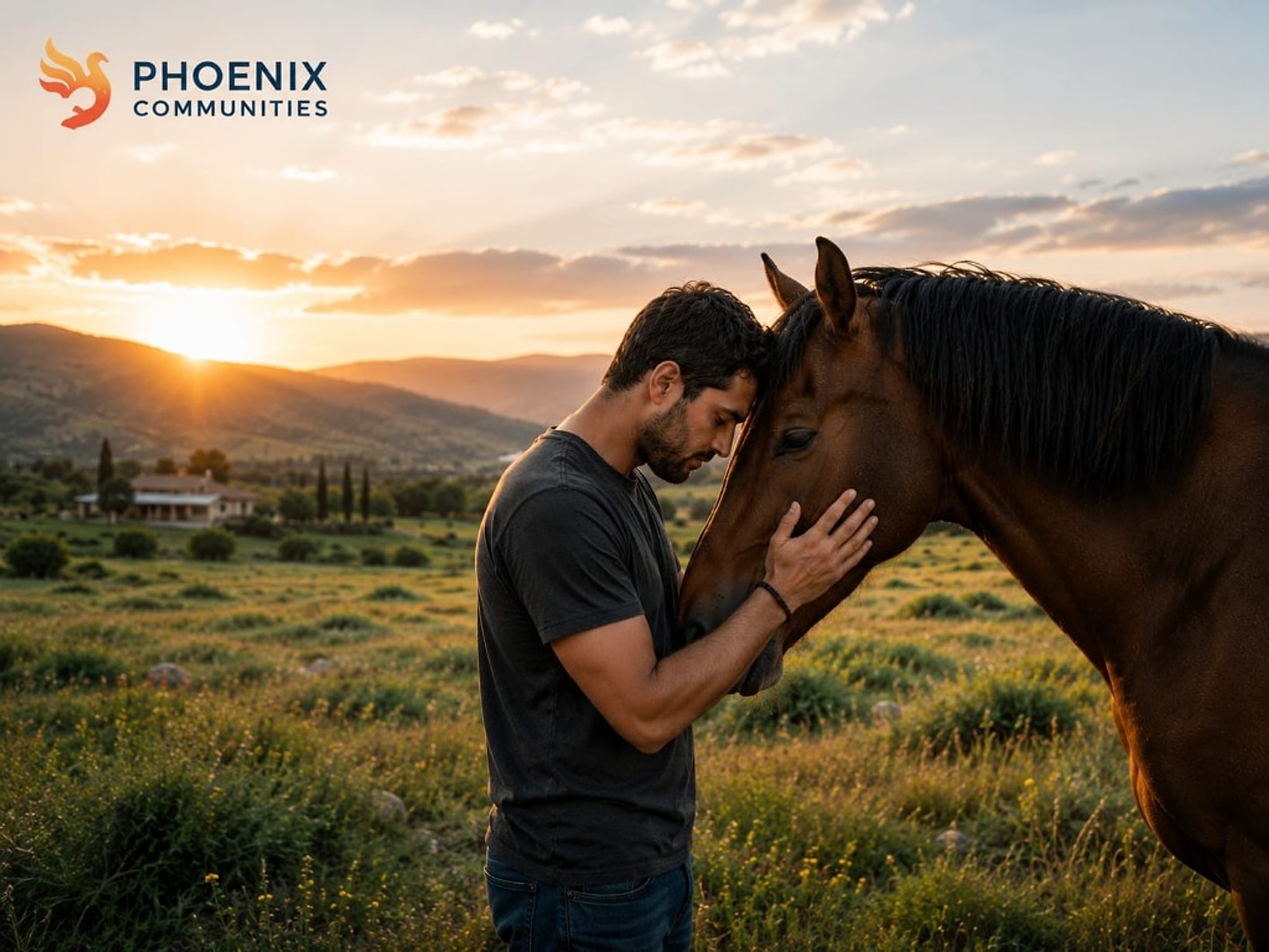 A man resting his head against a horse at sunset — Phoenix Communities